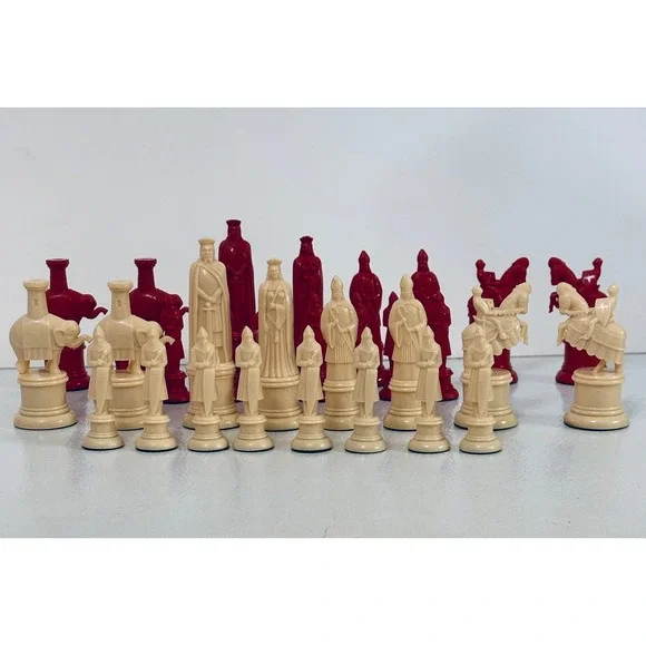Kingsway Vintage Red & Ivory Chess Pieces Set Complete Royal King Queen Knight - Picture 16 of 16